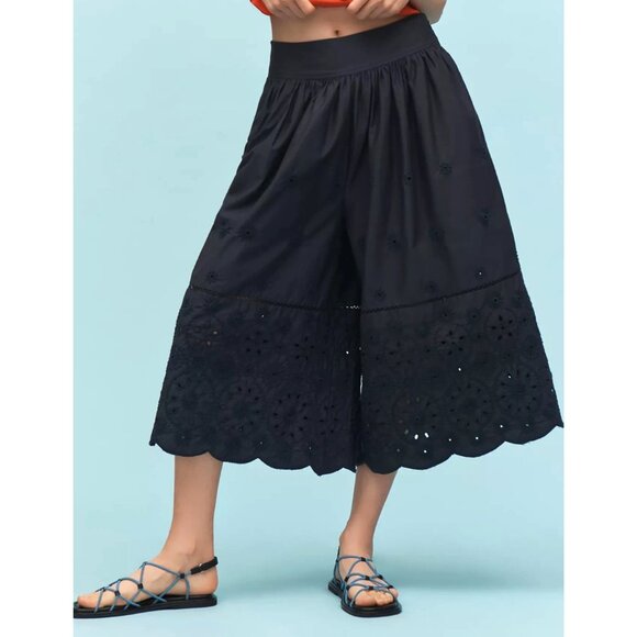 Maeve Embroidered Super Wide Leg Cropped Culottes Pants Black L